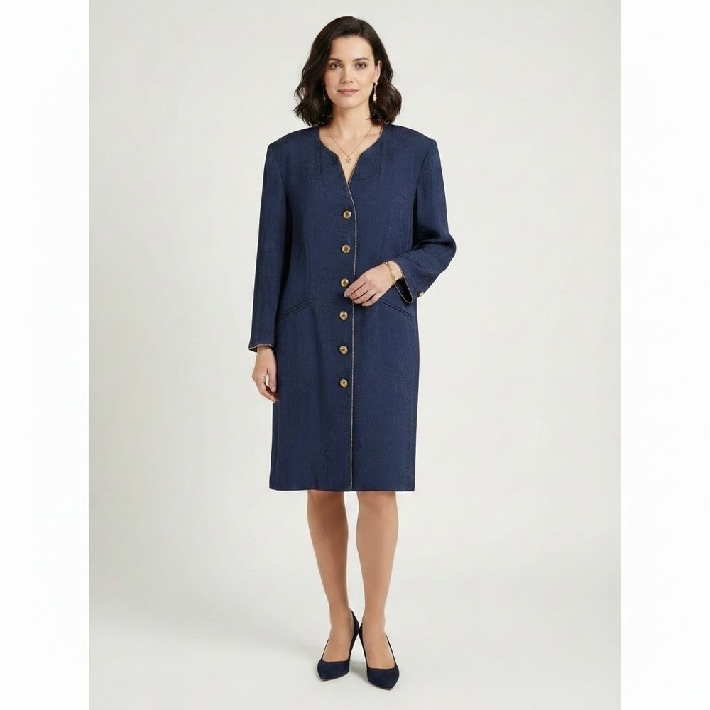 Givenchy En Plus Navy Blue Floral Jacquard Longline Blazer Gold Trim Germany 1X